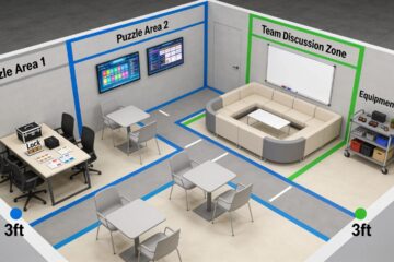 Optimal office layout for mobile escape room setup showcasing space efficiency in corporate settings
