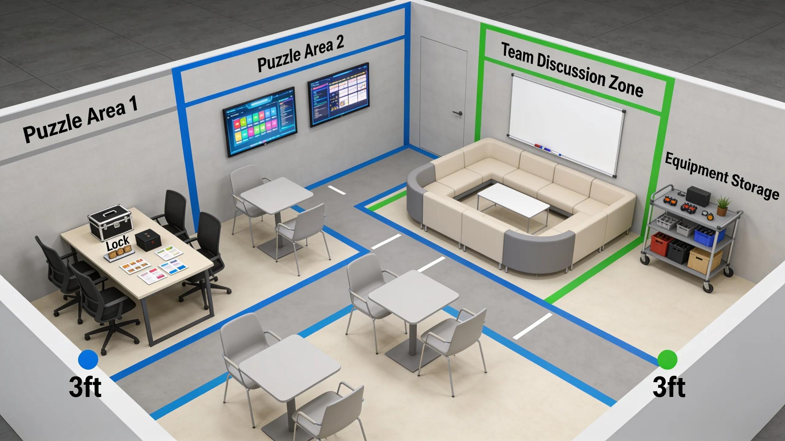 Optimal office layout for mobile escape room setup showcasing space efficiency in corporate settings