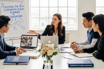 Corporate event planner discussing strategies with clients in a modern office setting