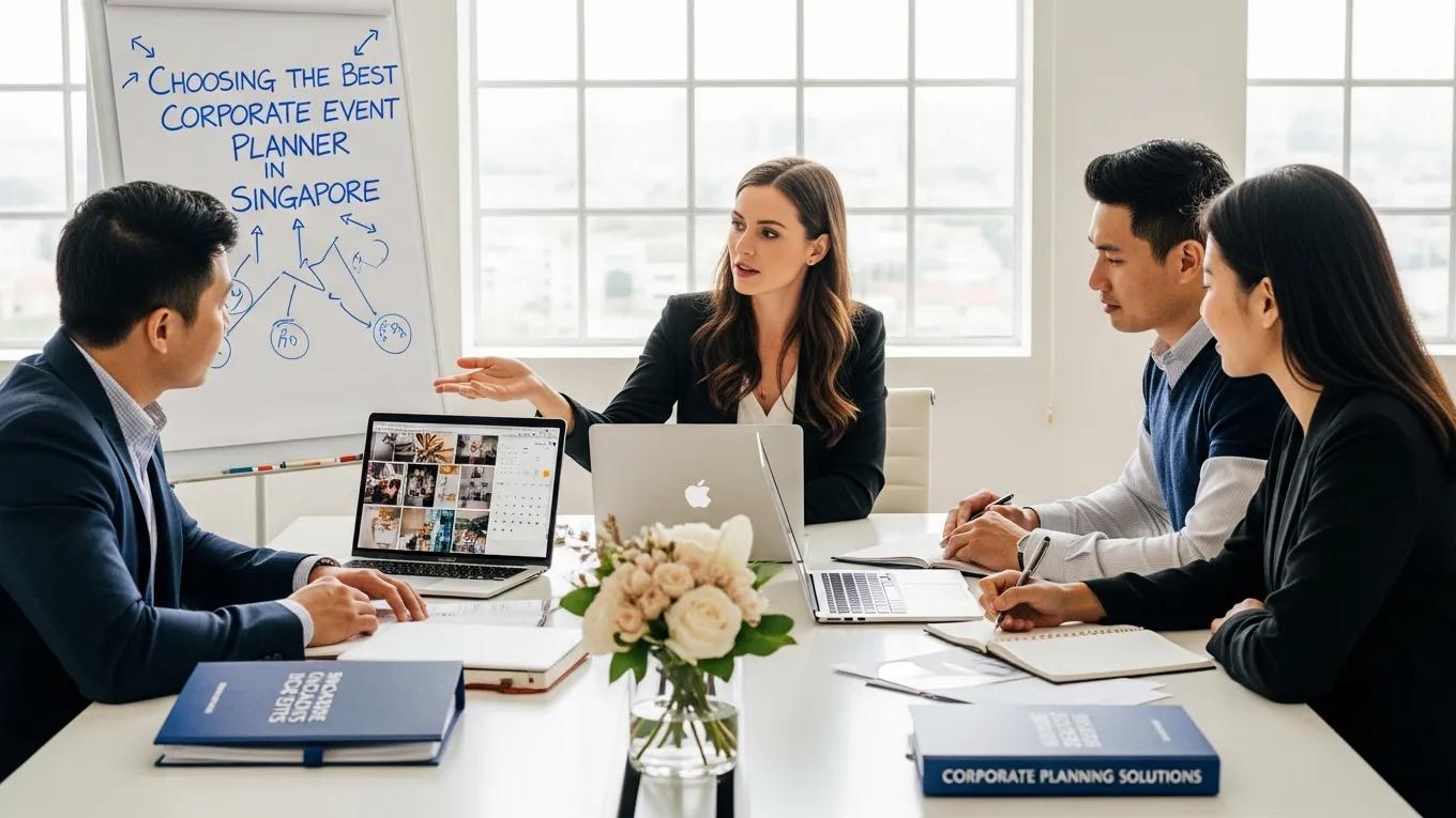 Corporate event planner discussing strategies with clients in a modern office setting