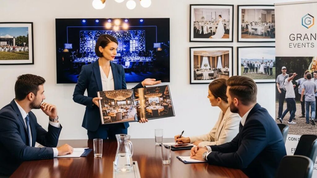 Corporate event planner presenting portfolio to clients in a professional meeting