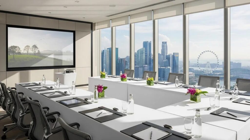 Luxurious executive retreat setting in Singapore with panoramic city skyline views