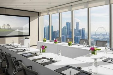 Luxurious executive retreat setting in Singapore with panoramic city skyline views