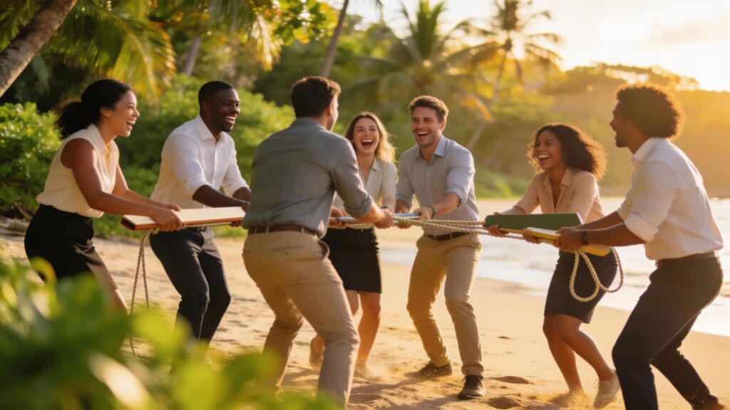 Professionals participating in an overseas corporate retreat team-building activity
