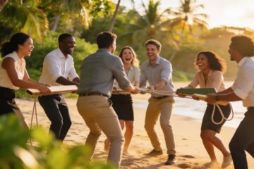Professionals participating in an overseas corporate retreat team-building activity