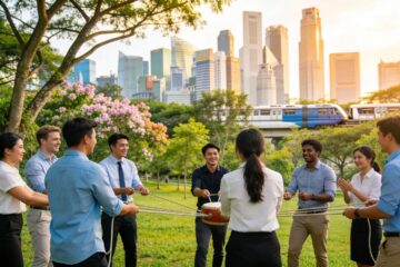 Diverse professionals engaging in an outdoor team-building activity in Singapore, showcasing collaboration and teamwork.