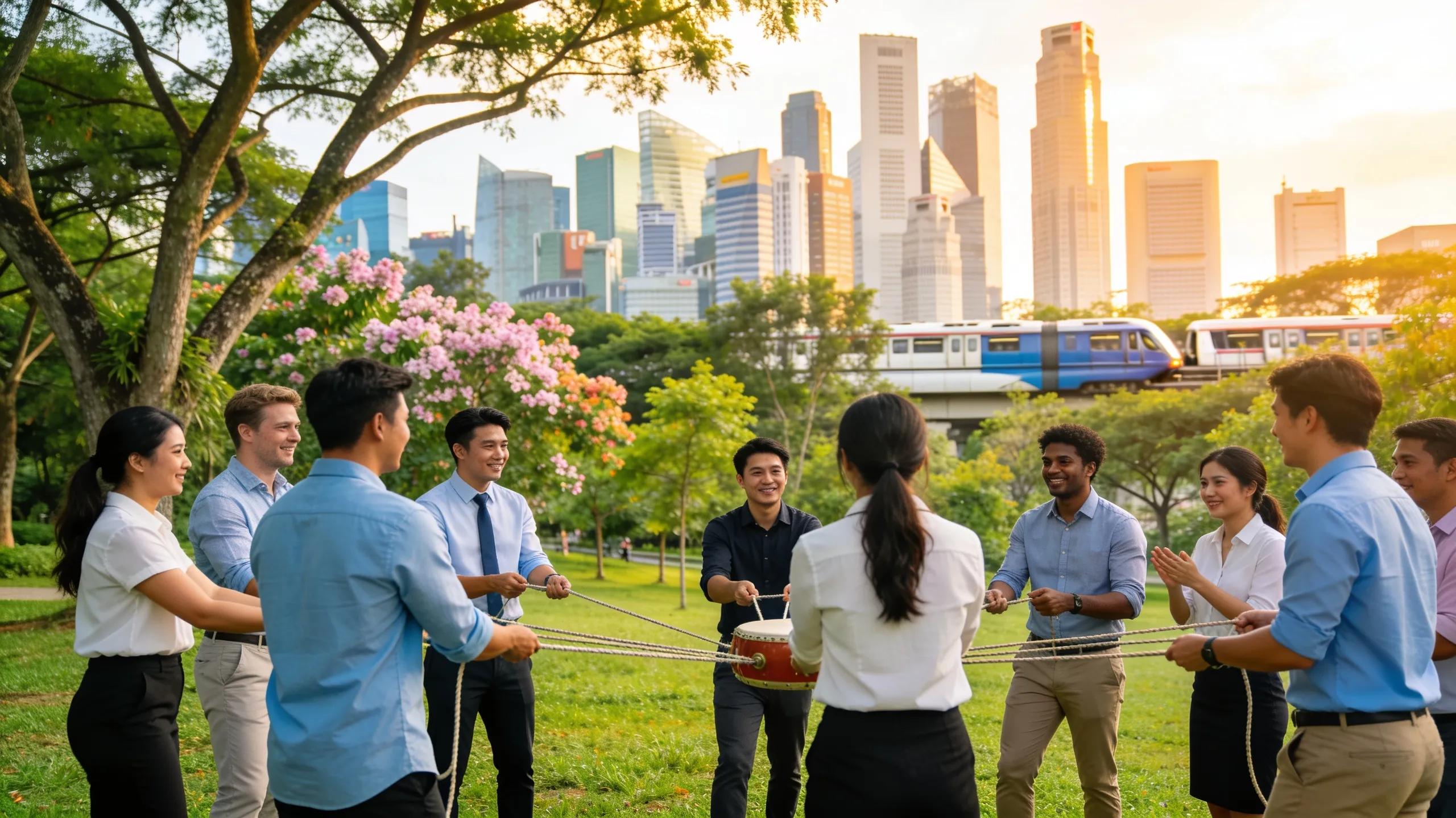 Diverse professionals engaging in an outdoor team-building activity in Singapore, showcasing collaboration and teamwork.