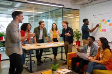 Indoor team-building activity with diverse professionals collaborating energetically
