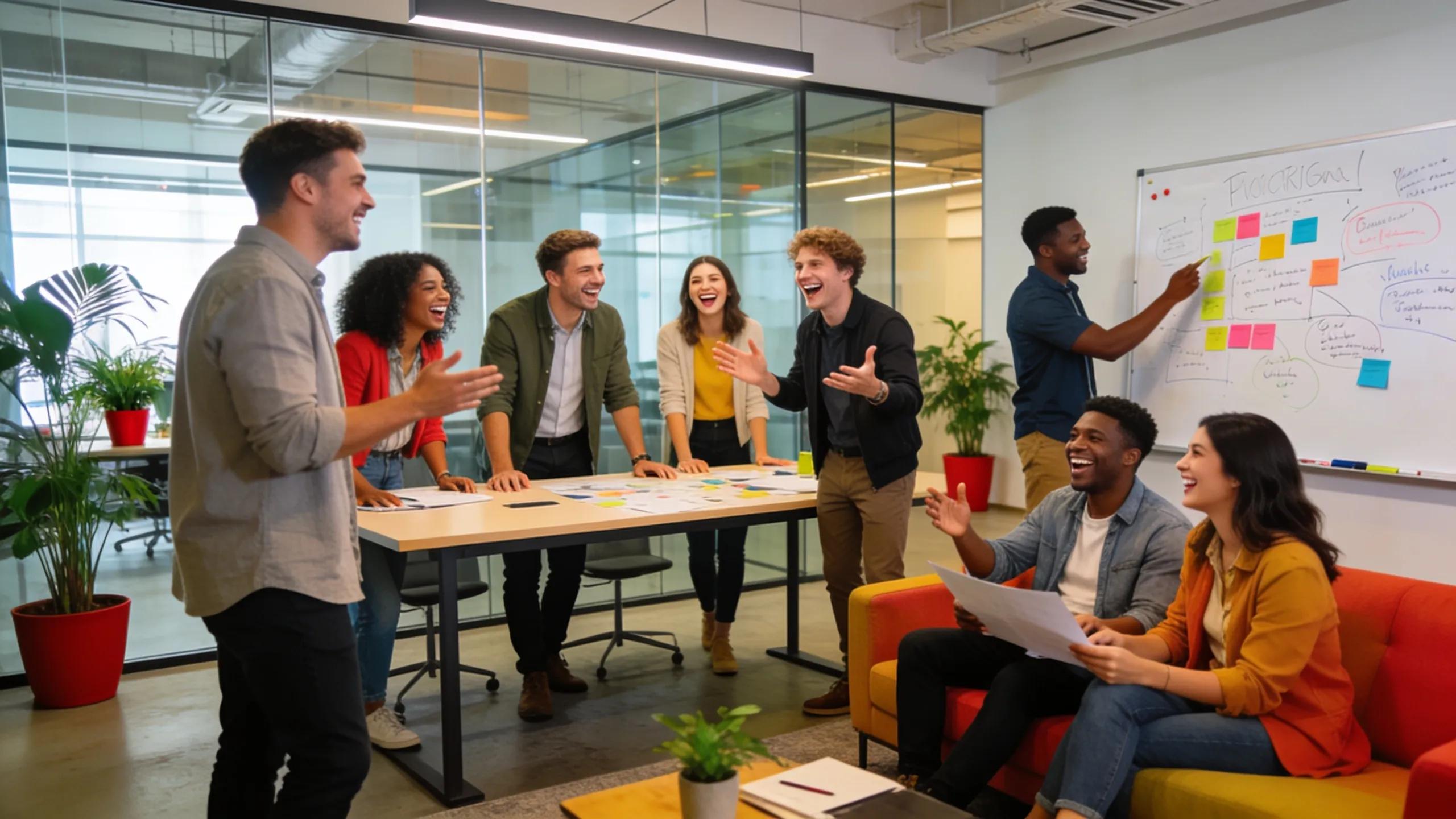 Indoor team-building activity with diverse professionals collaborating energetically