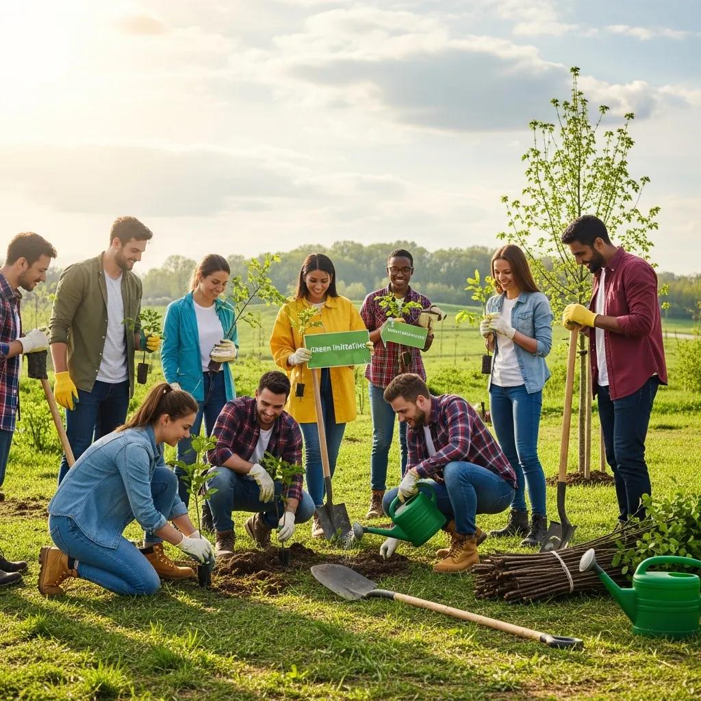Corporate team planting trees together, emphasizing teamwork and environmental responsibility