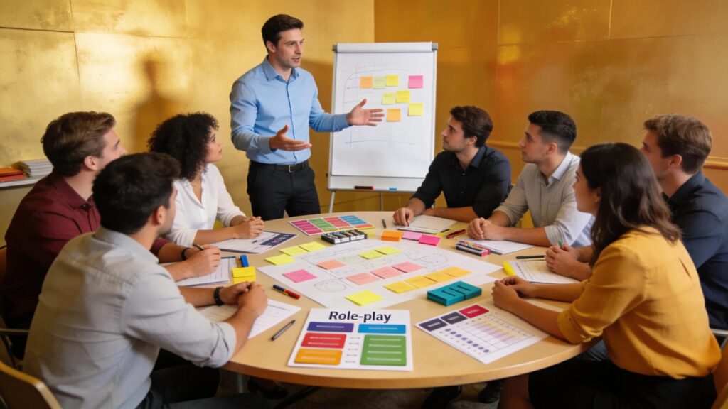 Group of employees participating in a collaborative workshop focused on skill development and teamwork.