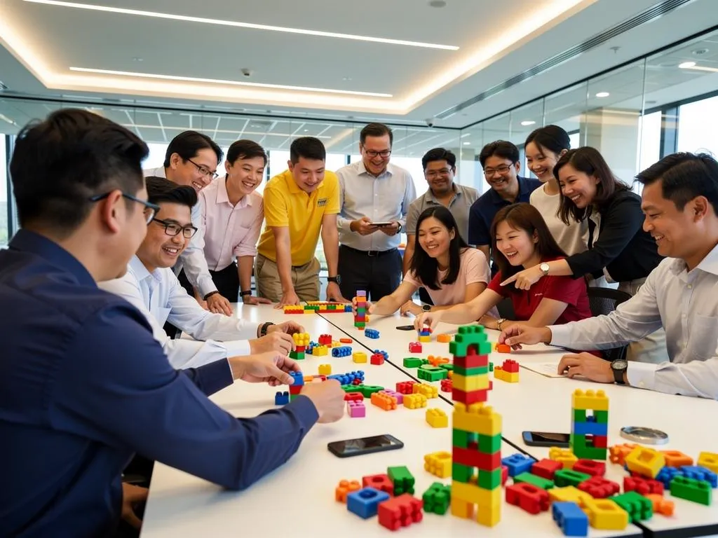 Colleagues collaborating during an indoor team building challenge