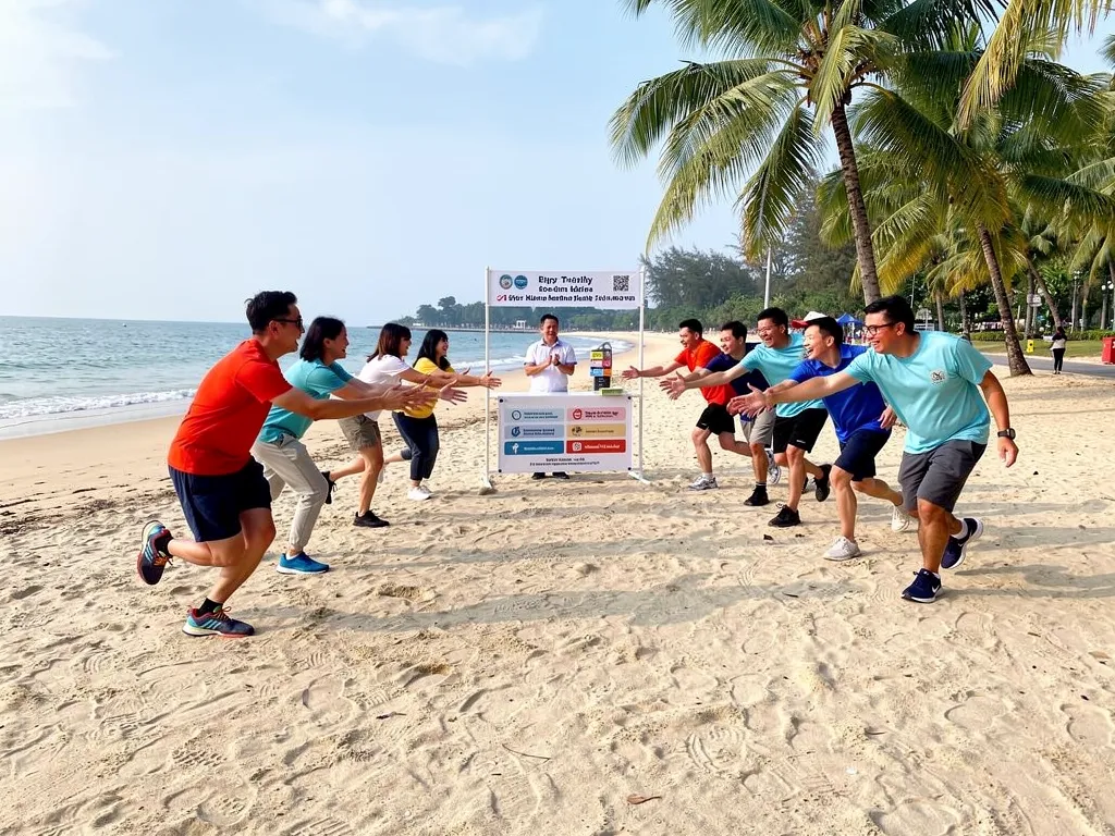 Corporate teams competing in relay games on the sand