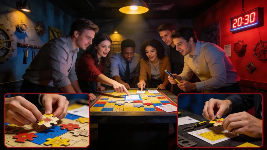 Employees participating in an escape room challenge to enhance teamwork
