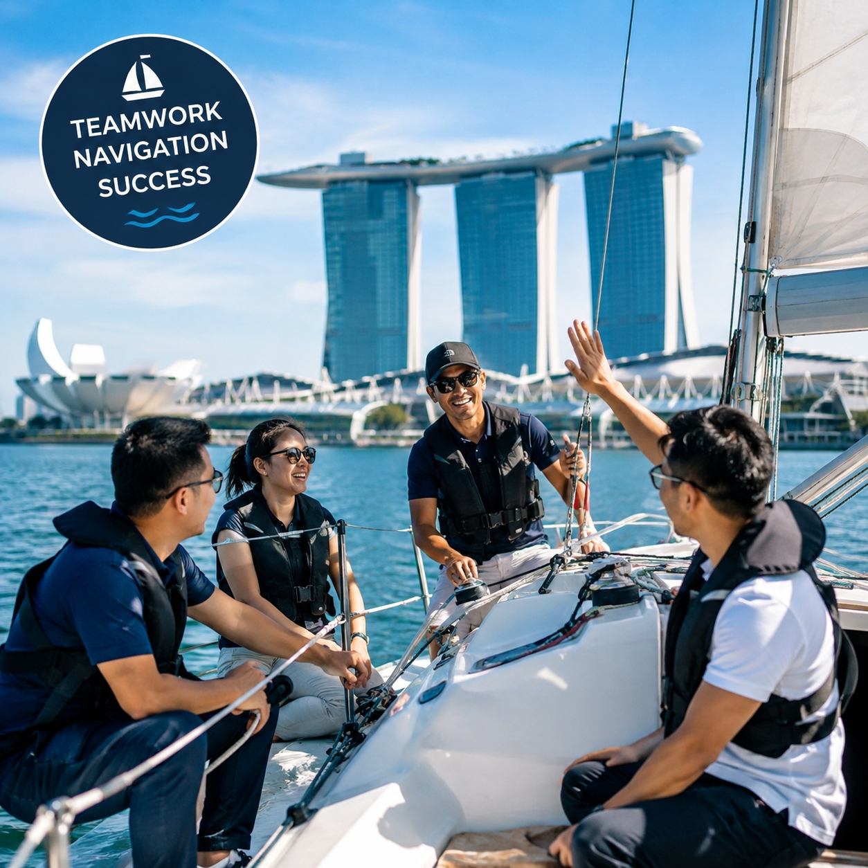 Corporate sailing team building in Singapore with Marina Bay Sands skyline, participants collaborating on a