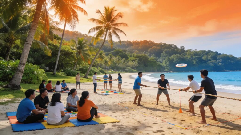 Team building activities and games on Bintan Island beach, Singapore corporate retreat.