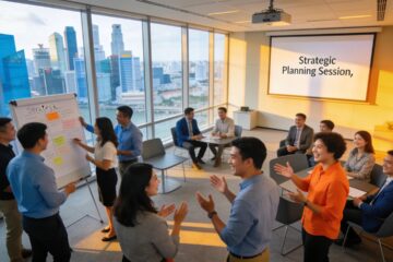 Corporate leadership retreat in Singapore with team-building activities and skyline views