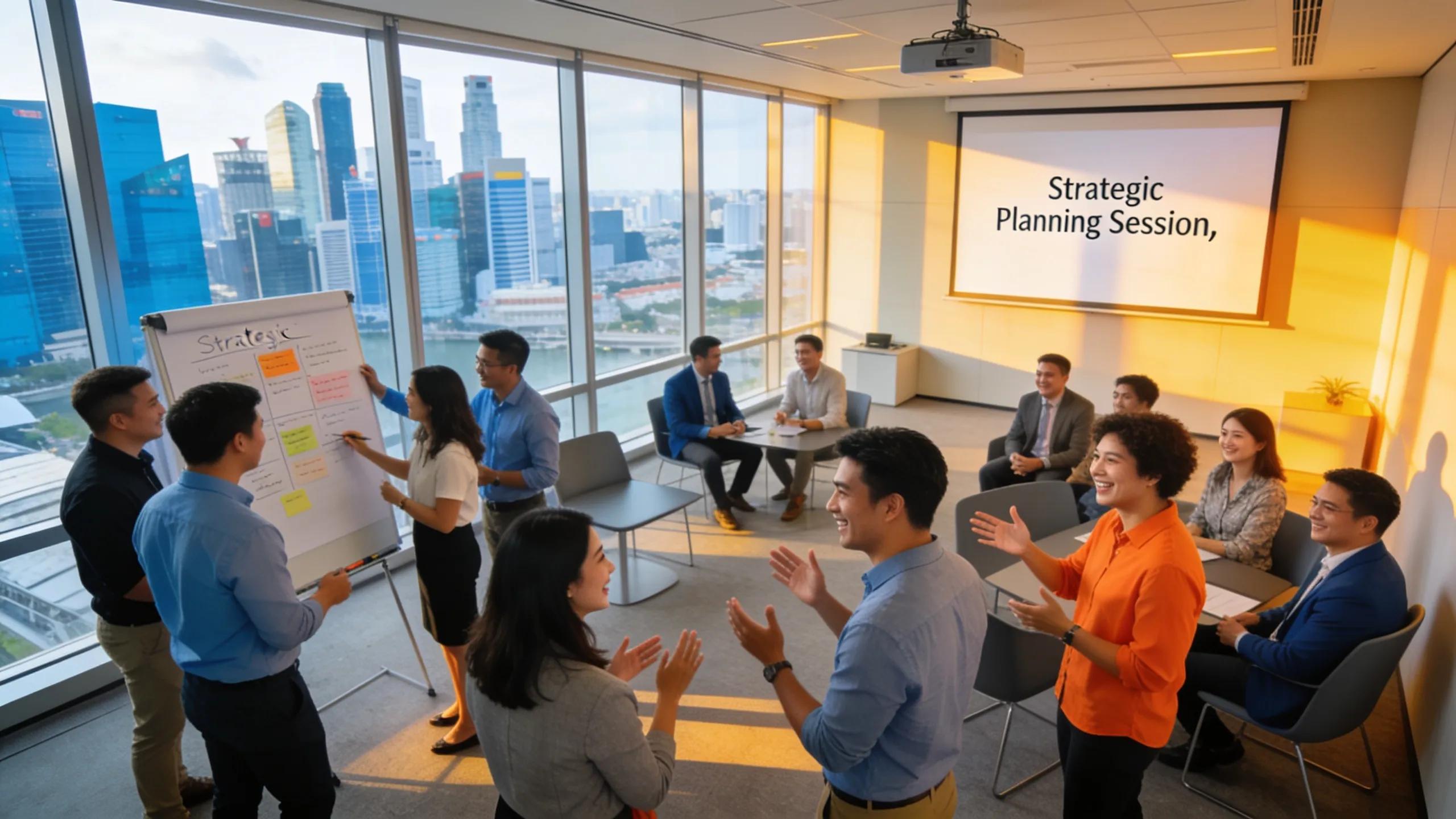 Corporate leadership retreat in Singapore with team-building activities and skyline views
