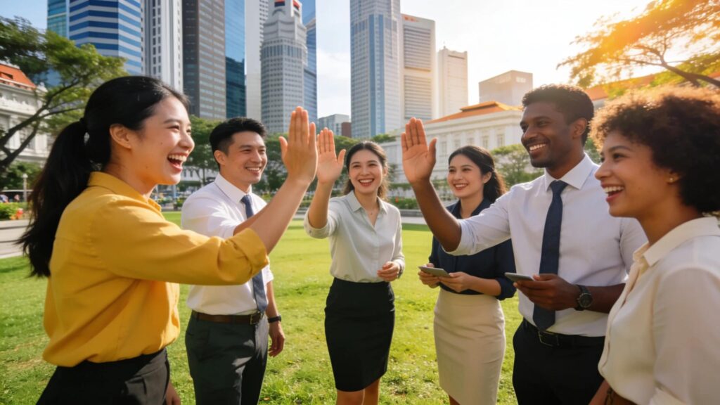 Corporate team engaging in outdoor team building activities in Singapore