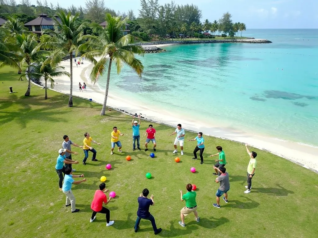 Bintan Island beachfront team building activity with One Dynamics, featuring corporate participants and colorful balls.