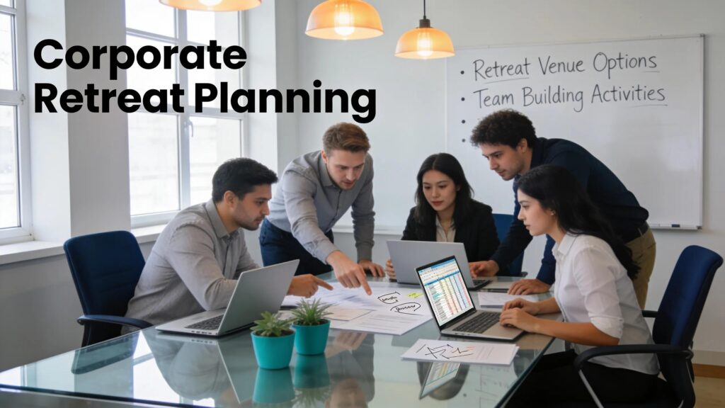 Team members planning a corporate retreat at a stylish meeting table, highlighting collaboration and strategic planning