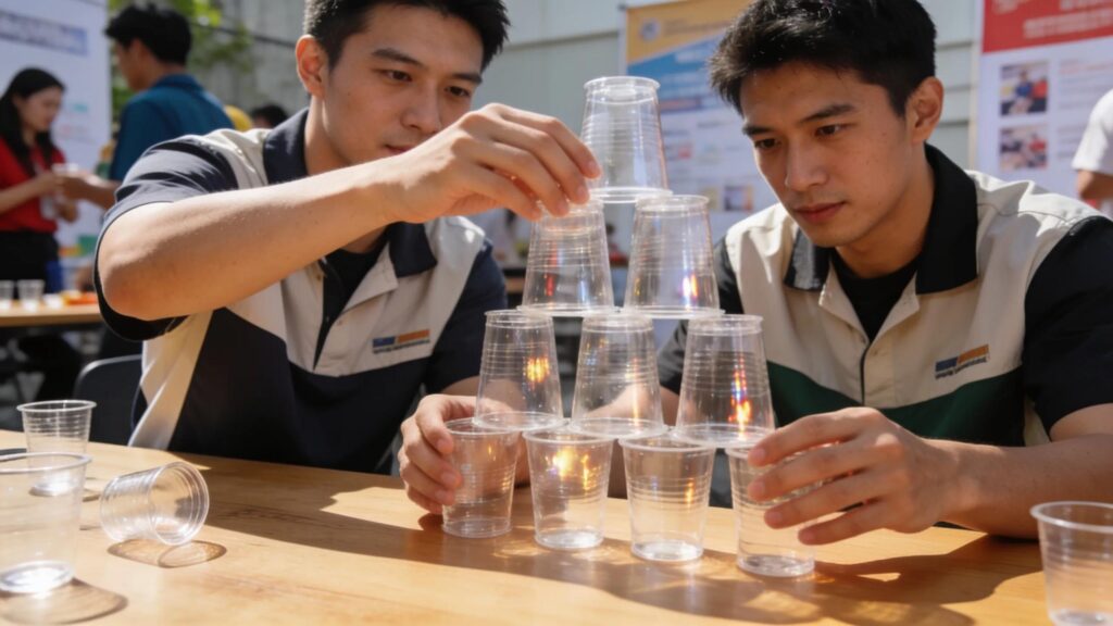 Two men stacking clear plastic cups on a table during a team activity