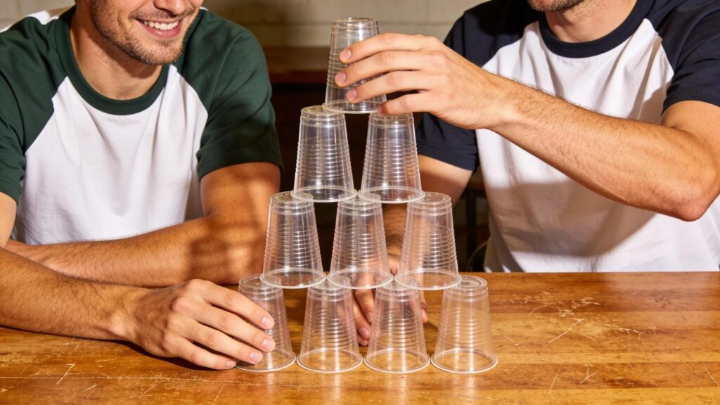 Two men stacking clear plastic cups on a table during a team activity