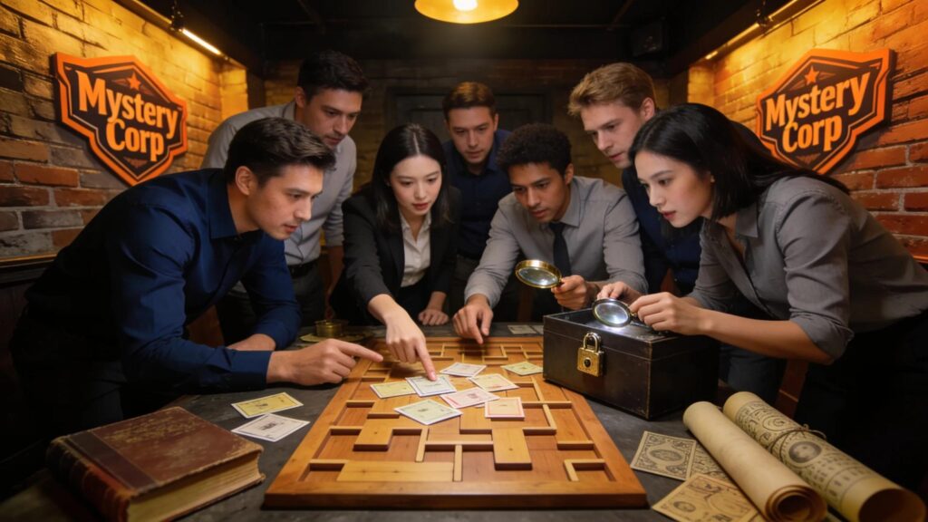 Employees collaborating in a corporate escape game, emphasizing teamwork and problem-solving skills
