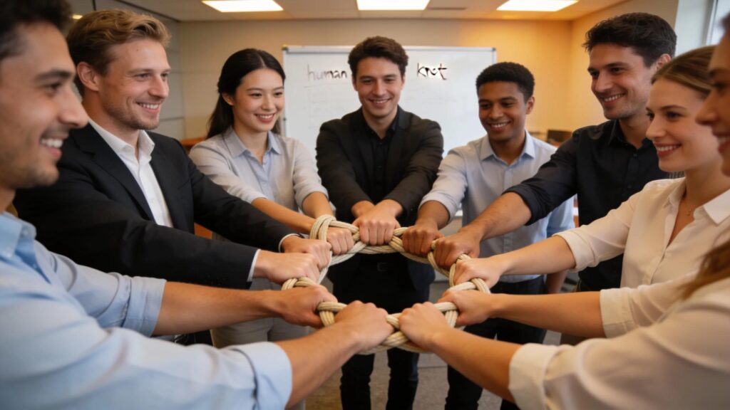 Corporate team participating in interactive trust-building games indoors, emphasizing collaboration and engagement