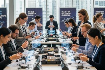 Corporate team engaging in drone assembly during Brick-a-Drone team building activity