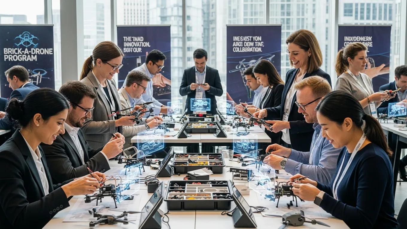 Corporate team engaging in drone assembly during Brick-a-Drone team building activity