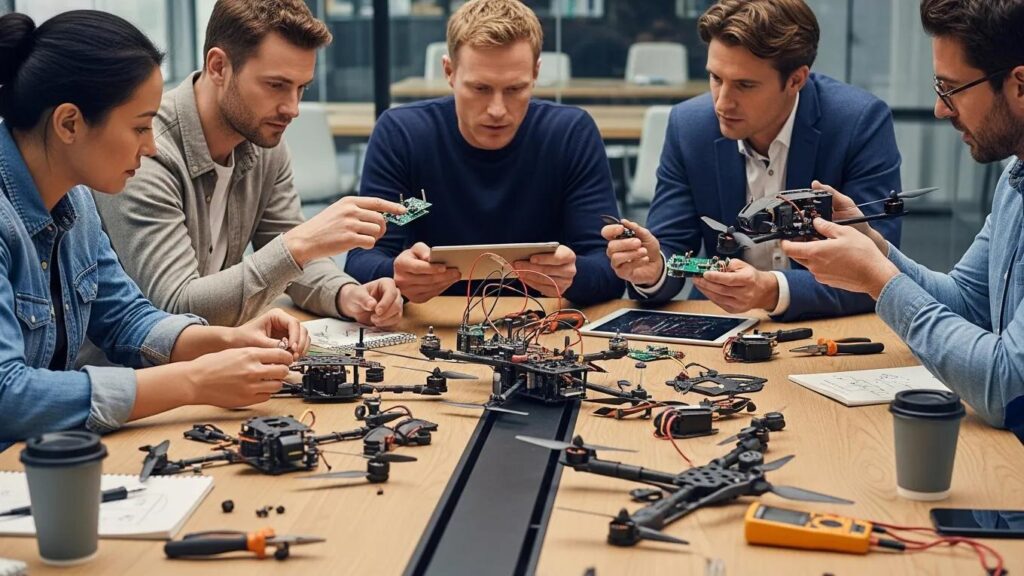 Participants collaborating to assemble a drone during the Brick-a-Drone activity