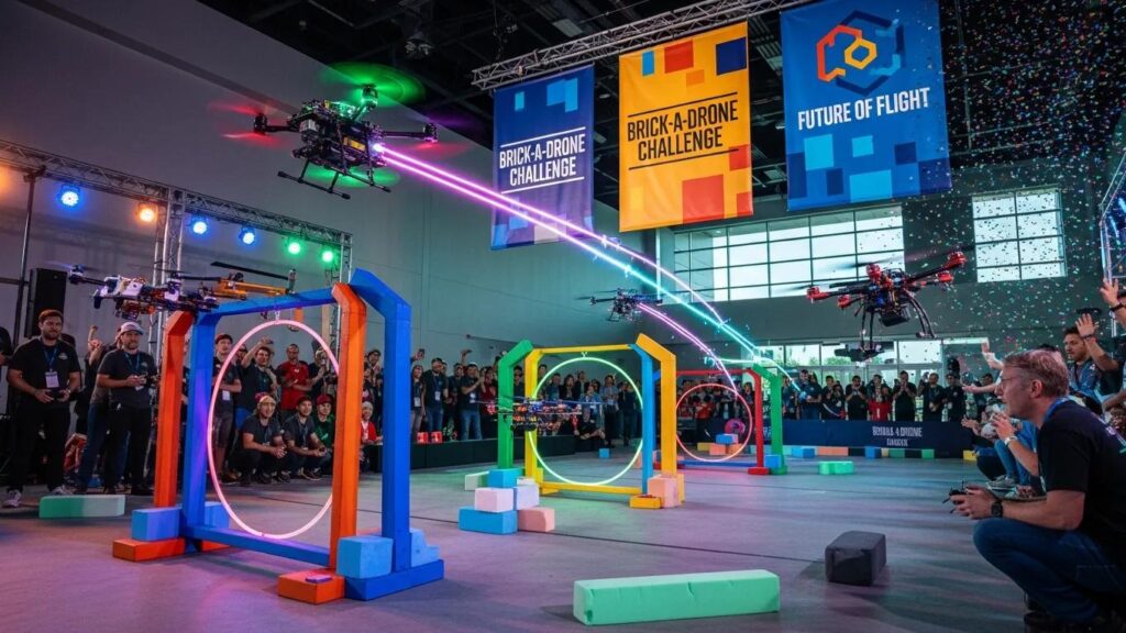 Teams racing their drones through an obstacle course during the Brick-a-Drone program