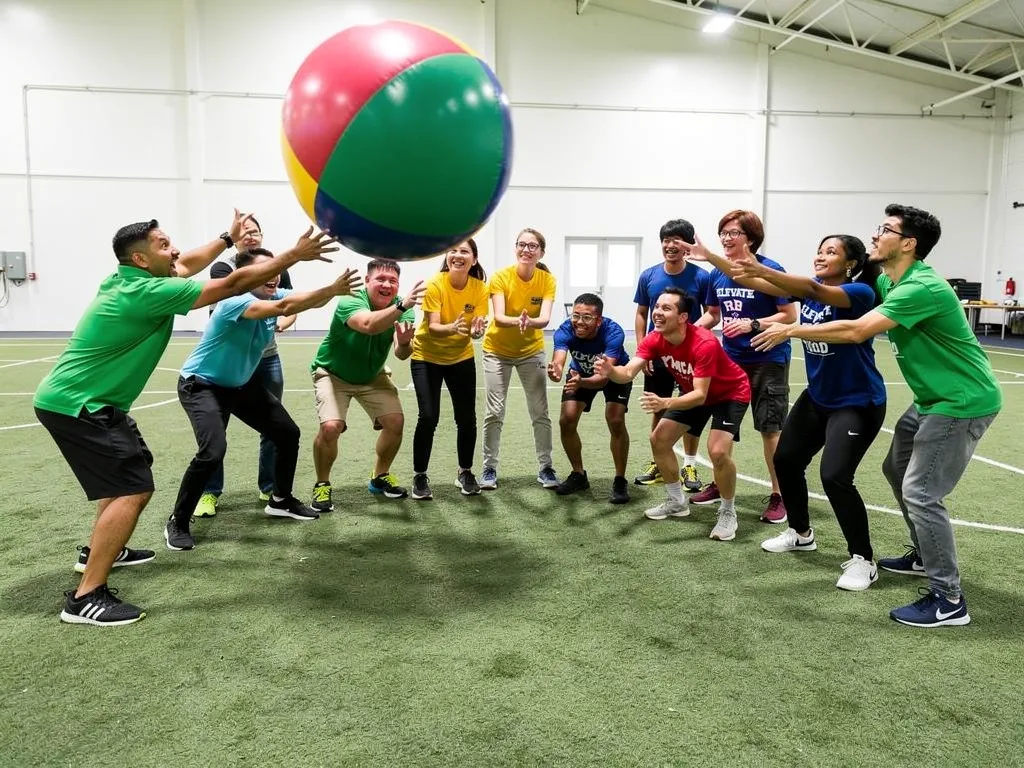 Corporate team playing Kinball team sport for workplace bonding