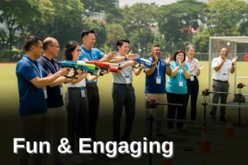 Corporate team practicing laser clay shooting activity in Singapore