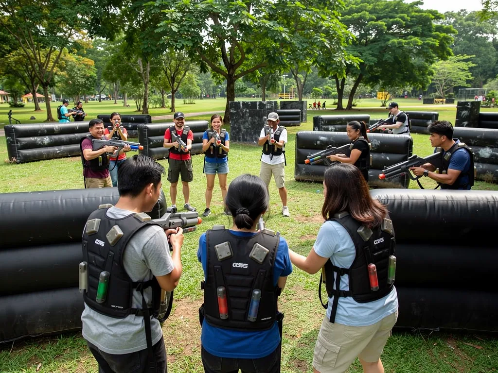 Corporate team engaged in combat skirmish outdoor laser tag activity