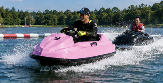 Hydro-Kart racing on Lagoi Lake, Bintan, with a pink kart and splashing water.