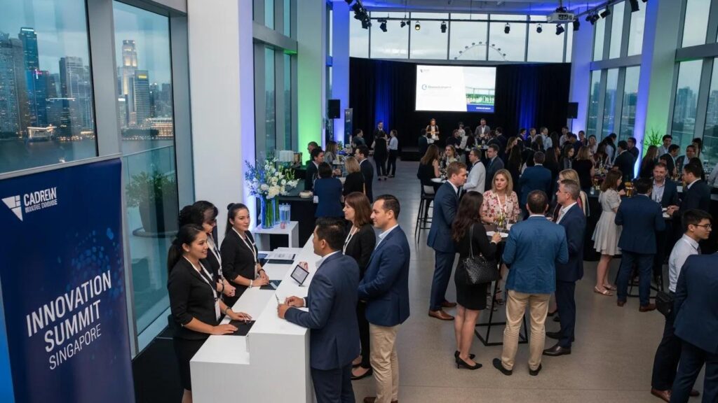 Corporate event in Singapore with attendees networking and engaging in discussions