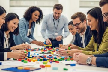 Corporate team engaging in a LEGO workshop, showcasing collaboration and creativity