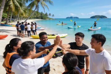 Corporate team building activities in Bintan with employees participating in water sports challenges