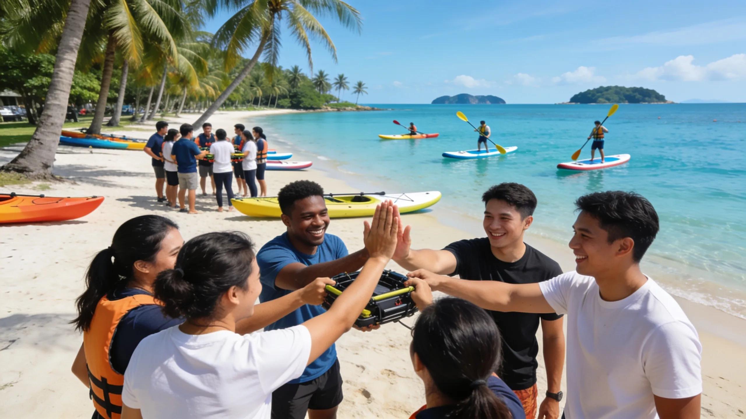 Corporate team building activities in Bintan with employees participating in water sports challenges