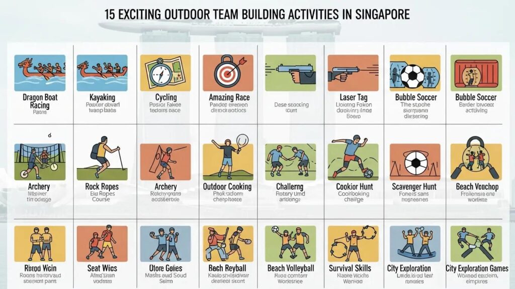 Table of top 15 outdoor team building activities in Singapore